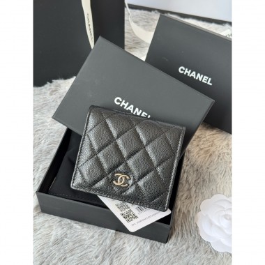 Chanel nero pelle granulata piccolo portafoglio piegato hardware argento