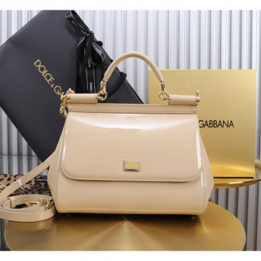 Authentic quality- Dolce Gabbana LargeSicily Handbag in polished calfskin-Beige 