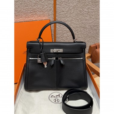 Hermes Kelly Lakis Pocket 28 / 32 in Swift Leather-Black