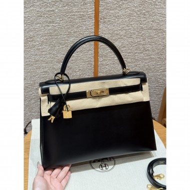 Hermes Kelly 32cm in Box leather-Black