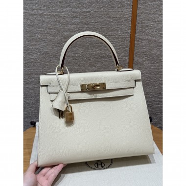 Hermes Kelly 25 / 28  in Epsom Leather-Cream white