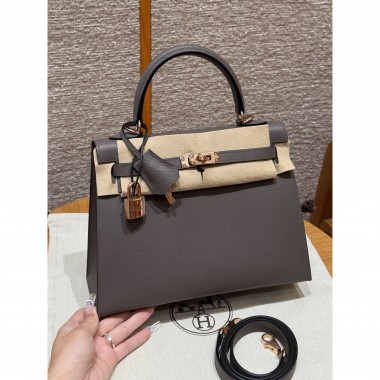 Hermes Kelly 25 / 28  in Epsom Leather-Etain