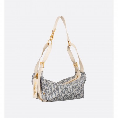 Small D-Journey Bag in Blue Dior Oblique Chambray with Raffia Effect