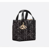 Small Dior Toujours Vertical Tote Bag-Black Tweed with White Cannage Motif